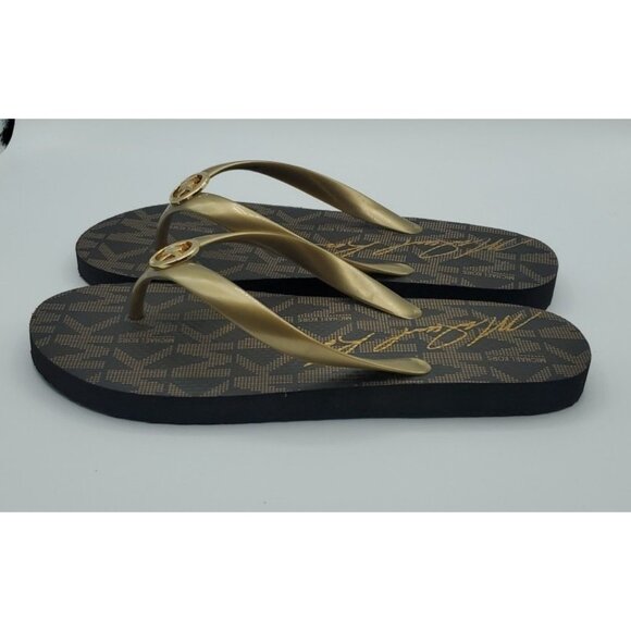 Michael Kors Size 9 Jet Set Signature Flip Flops Brown / Gold Logo NWOB - Picture 6 of 12